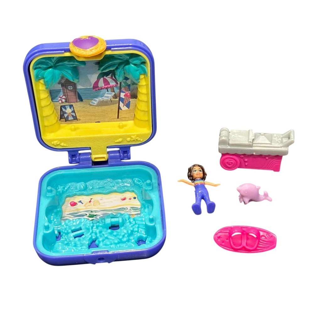 Polly Pocket Micro Shani Tropical Beach Playset Ice Cream Cart Surfboard Dolphin